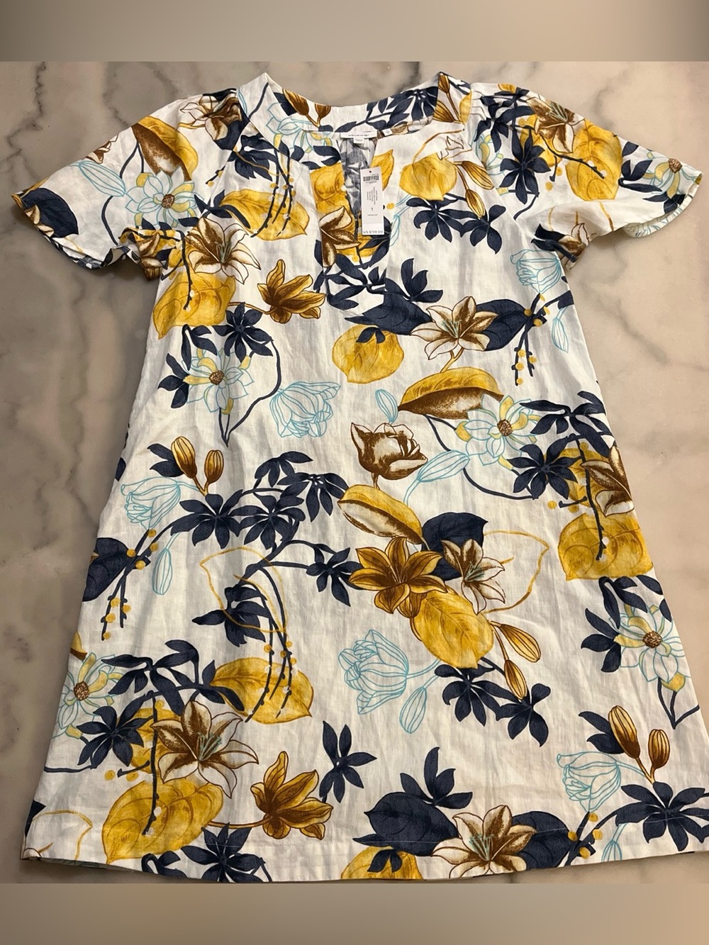 Chico's White Linen-Blend Dress with Yellow & Navy Floral Print